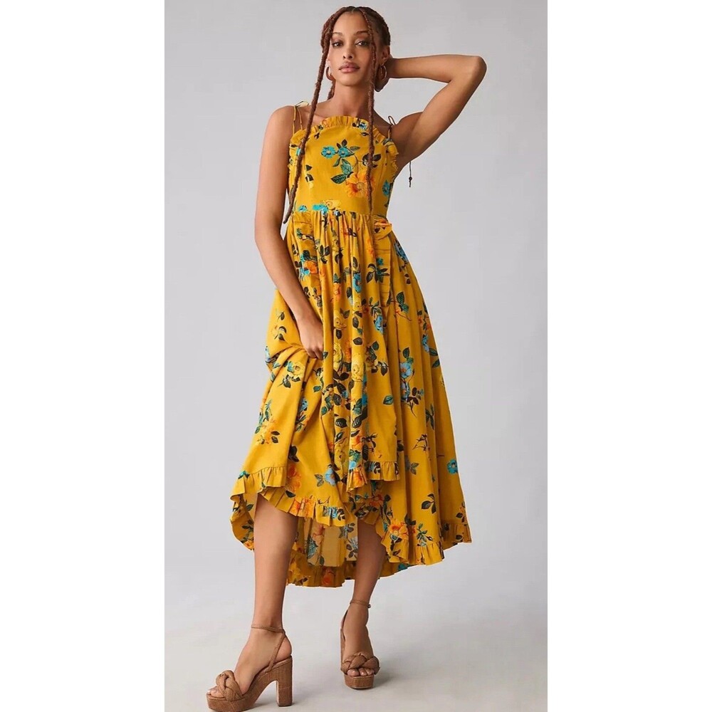 Anthropologie Maeve Maxi Dress High Low Pleated Boho Yellow Floral Size 14 NWT